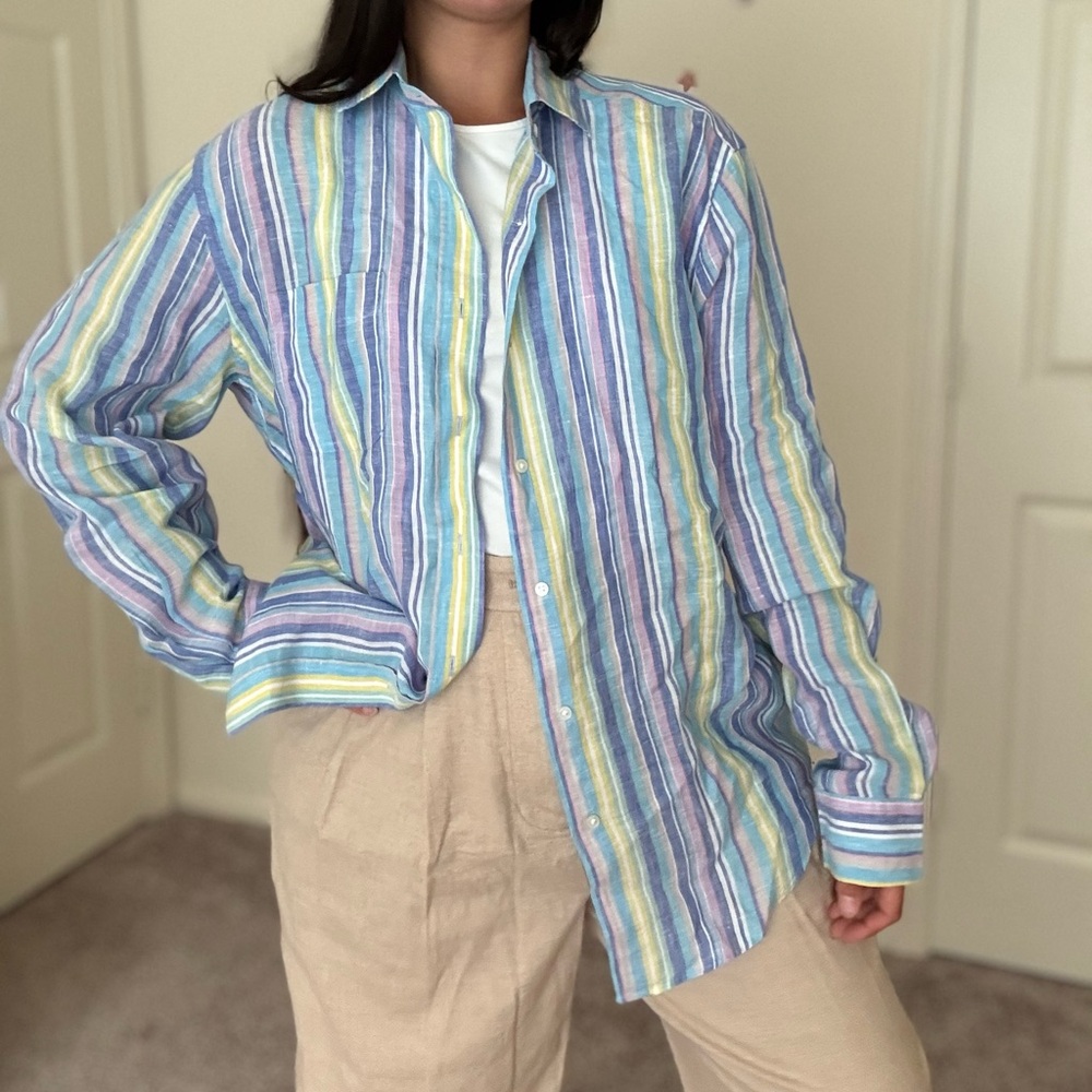 J. McLaughlin Stripe Fallon Linen Blend Button Down shirt